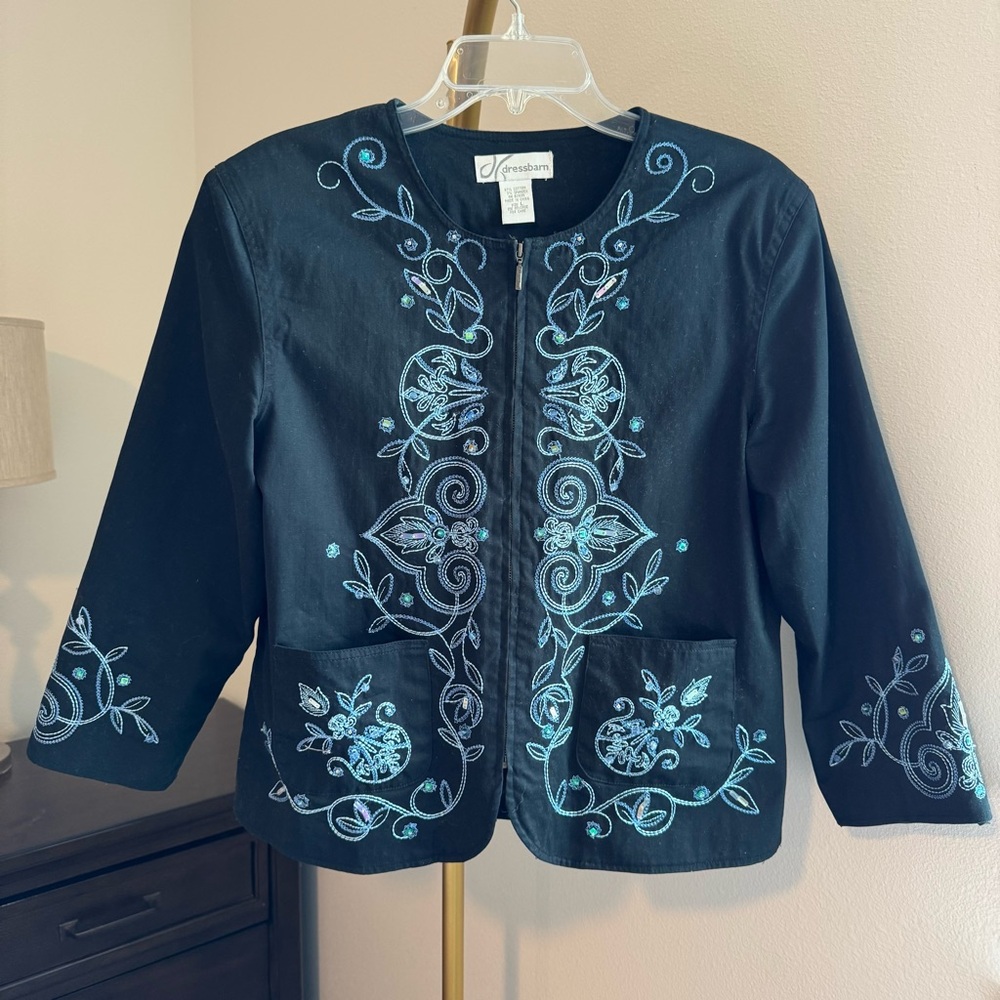 Dressbarn Embroidered Beaded Black Cotton Jacket 3/4 Sleeve L